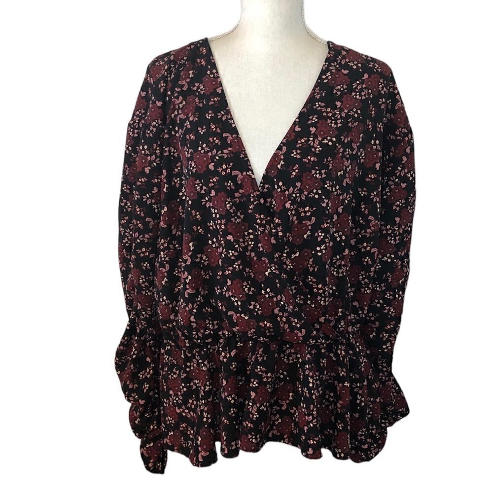 ELOQUII ELEMENTS Peplum Blouse Women's Size 22 Pink Black Floral Faux Wrap